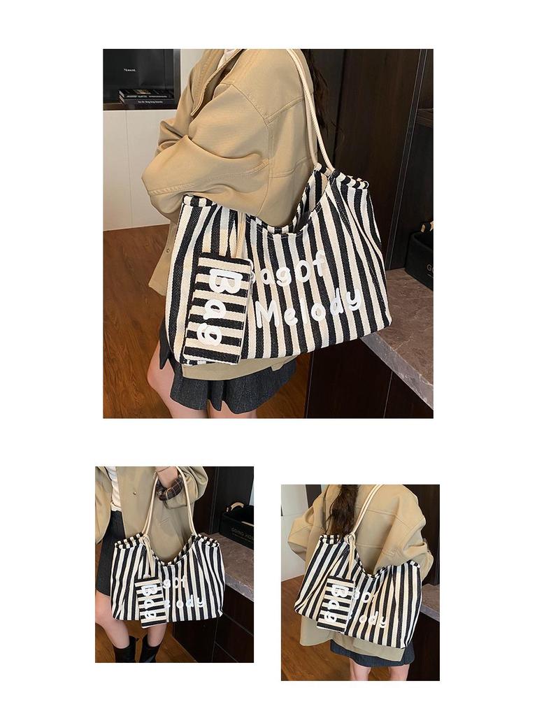 Canvas Striped Tote Bag - Women's College Style Handbag & Shoulder Bag