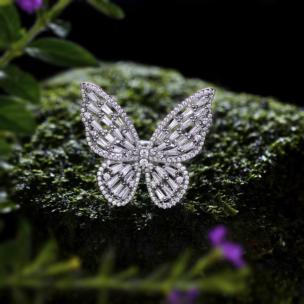 Gica Gema Diamantringe mit hohem Kohlenstoffgehalt, 925er Sterlingsilber, 30 x 31 mm, weißer Edelstein, Schmetterlingsform, romantischer edler Schmuck, Hochzeitsgeschenke, neuer Trend