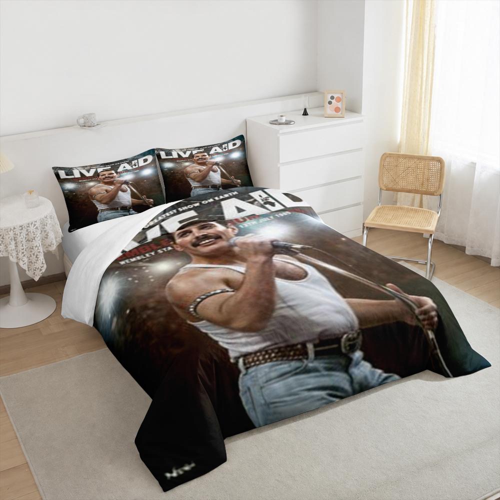 3 Piece Bedding Set with Duvet Cover and 2 Pillowcases - Freddie Mercury Live Aid 1985 Wembley Print - White Tank Music Decor for Fans