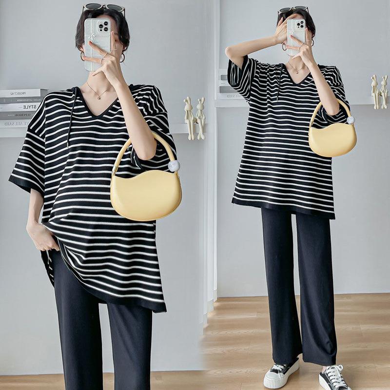 Maternity Clothes Summer Large Size Striped Medium-sleeved Hooded Mi To Cover the Belly and Look Thin Without Showing Off the Trendy Shirt
