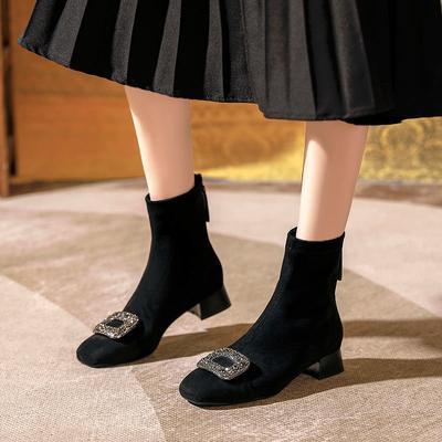 Wildleder-Kurzstiefel mit quadratischer Spitze für Damen, neu für Herbst und Winter, mittelhohe Stiefel mit dickem Absatz, Strass-Quadrat-Schnalle, niedriger Absatz, Einzelstiefel