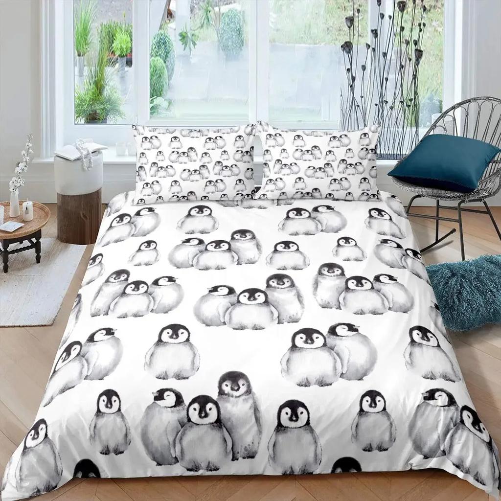 Penguin Duvet Cover Set Full Cute Animals Bedding Set Snow Decor Comforter Cover Set Cute Penguin Animal Quilt Cover Queen Size