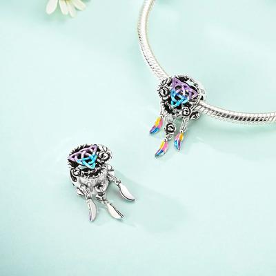 Charm Plata Geometric Dreamcatcher Feather Bead Fits Genuine Bracelet Charm For Women Jewellery DoItYourself Crafting Gift