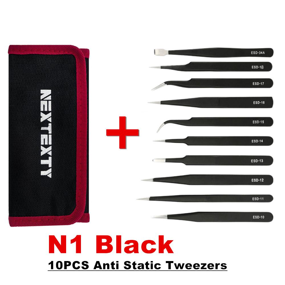 10Pcs Tweezers Set With Bag Industrial Electronic ESD Stainless Steel Anti-Static Precision Tweezer Kits Phone Repair Hand Tools N1 Black Anti Static