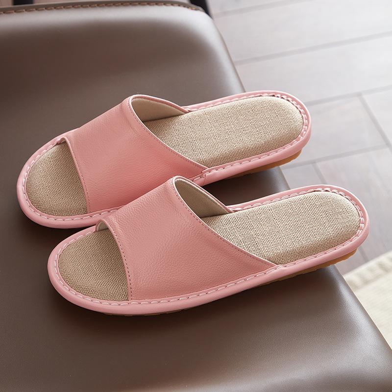 Leather slippers first layer cowhide indoor home beef tendon bottom non-slip genuine leather linen slippers women's high sense of home