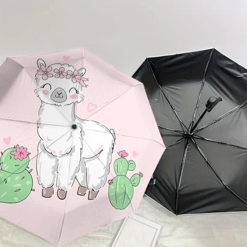 1pc Llama Cactus Automatic Folding Umbrella 8 Rib Iron Frame, Compact Portable Umbrella Suitable for Travel, Daily Use, Birthday, Women & Men Gift 016