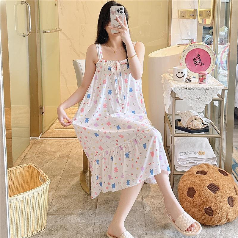 Cotton Nightdress Women'S Summer Thin Pajamasspring And Autumn Cotton Korean Cute Casual Print Dress Loungewear