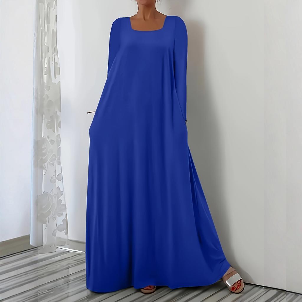 Dámske módne jednofarebné šaty s dlhým rukávom, so štvorcovým výstrihom, ležérneho voľného strihu, pulóvrové, dlhé