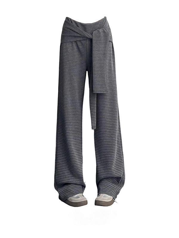

Autumn Women s Striped Slimming Wide-Leg Tie-Up Pants, Dark Gray, Casual Sporty Style Medium темно-серого