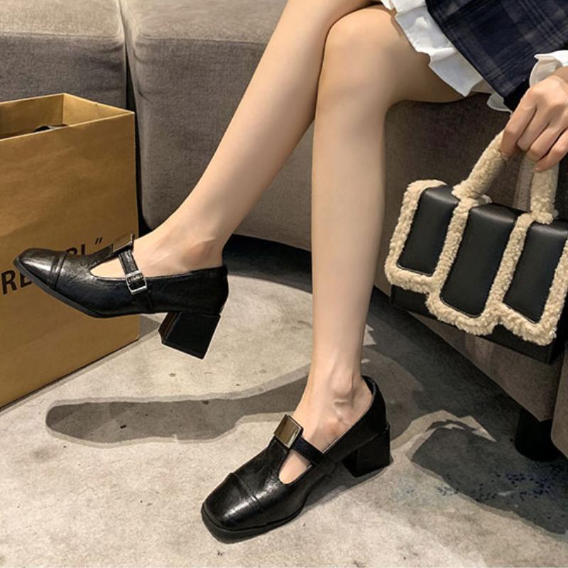 Fashion Square Toe Women Shallow Mary Janes Shoes Mid Heels Chunky Leather Shoes Woman 2025 Trend Autumn Fashion Elegant Mujer Zapatos