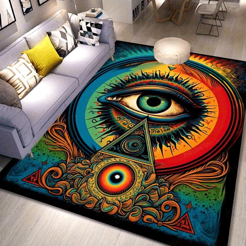 Vibrant 3D Area Rug Psychedelic Eye Mystical Third Eye Carpet for Living Room Bedroom Hallway Eye-Catching Rainbow Colors Decor