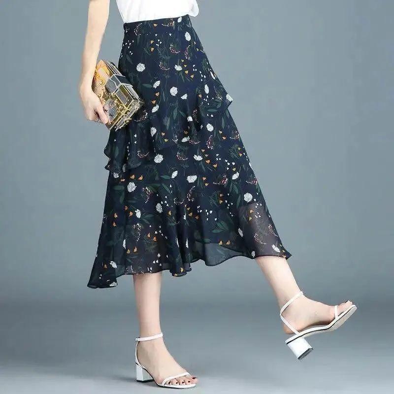 Medium To Long Chiffon Midi Skirt for Women In Summer High Waist A-line Floral Irregular Ruffle Edge Skirt