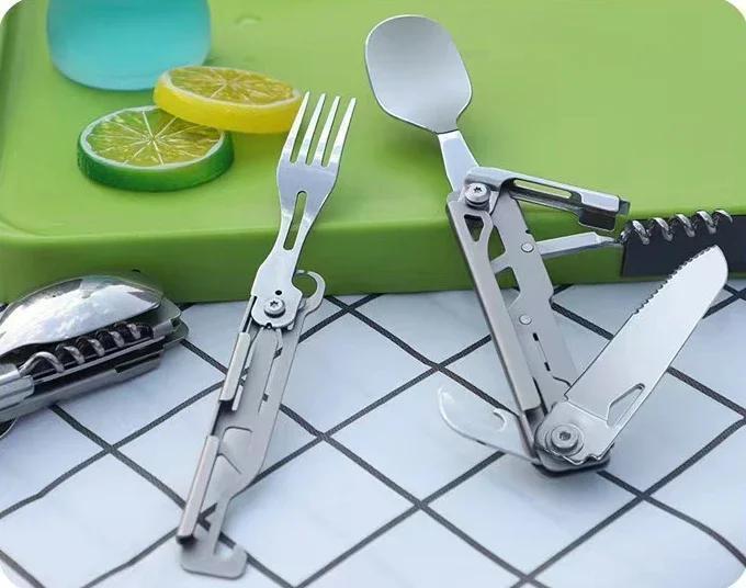A set of 6-in-1 multi-functional folding outdoor tableware, camping portable meals, knives, forks, spoons, bottles, outdoor camping cookware