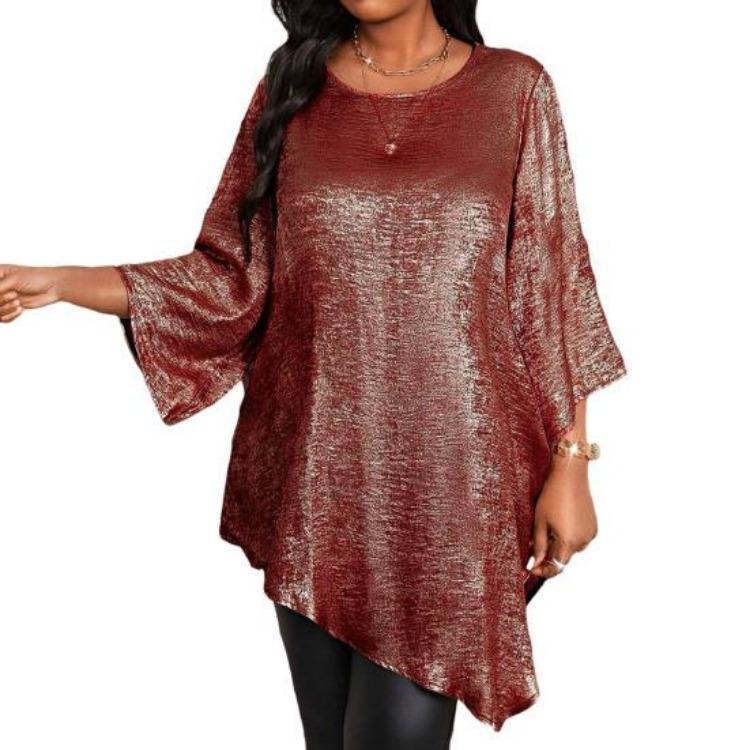 Sparkling Irregular Hem Blouse Women Loose Fit Round Neck Tee Shirt Ninth Length Sleeve Mid Top Daily Wear