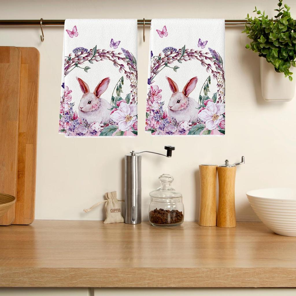 Easter Kitchen Towels with Watercolor Flowers, Rabbits, Eggs, and Tulips
