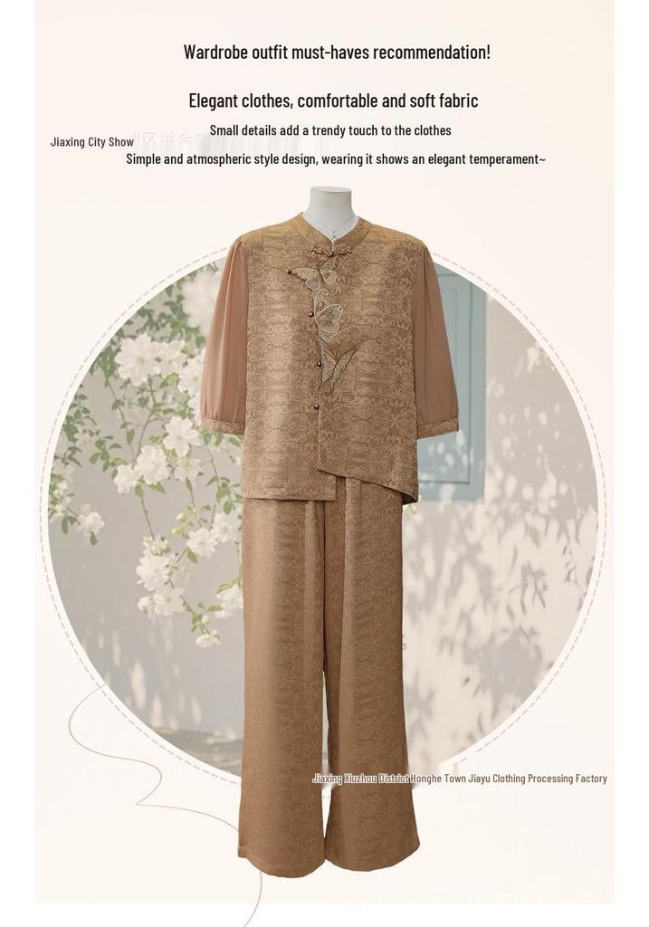 Chiffon Short Sleeve National Style Two-Piece Set for Middle-Aged Women