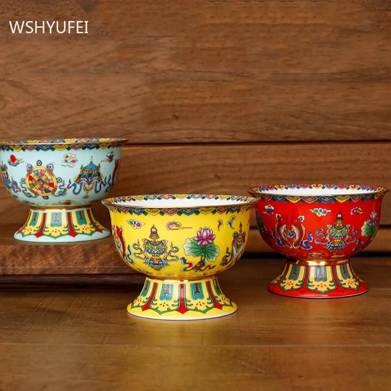 Chinesische Keramik Hohe Schale Buddha Hall Ornamente Heimkreativität Snack Aufbewahrungsschale Traditionelle Buddhistische Anbetungsartikel