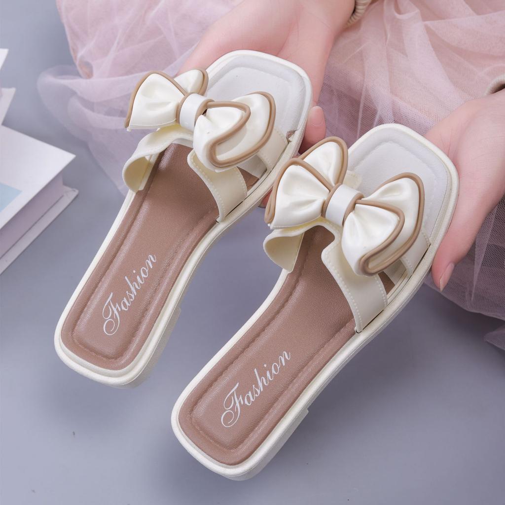 Women's Flat Slippers Outside Summer New Square Buckle Slippers Women Wear Non Slip Fashion Flower Bow Cool Slippers