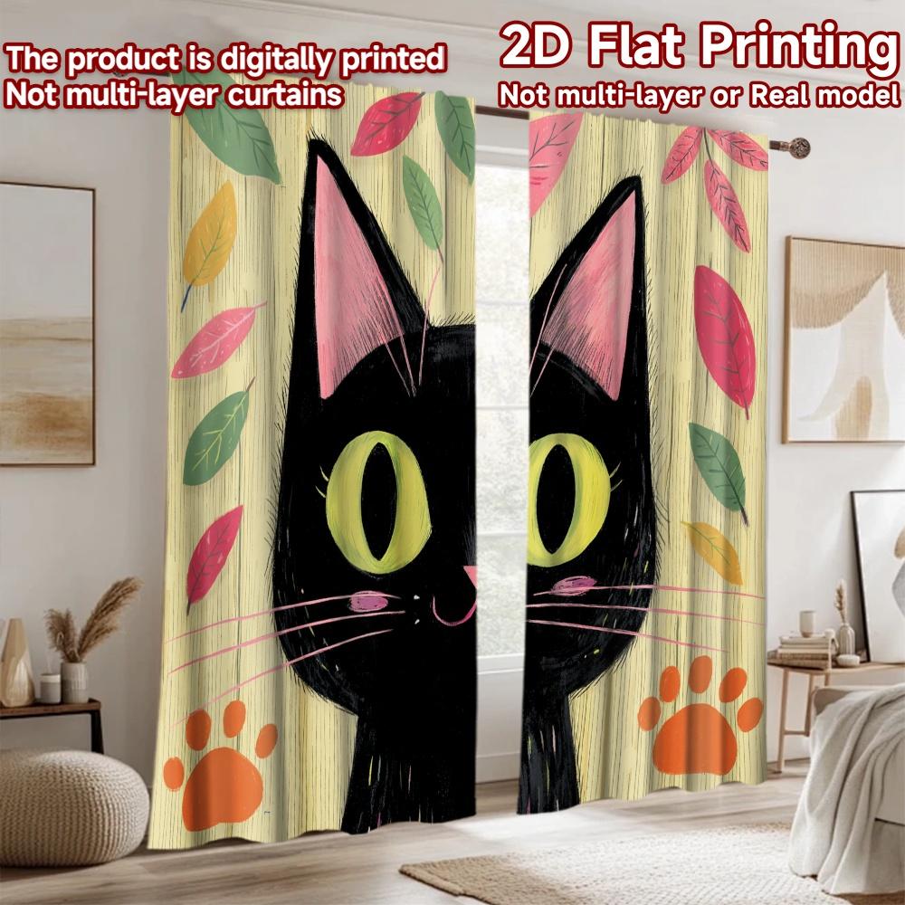 2D flat printing 2pcs Window Drapes Black Cat Cute Leaves Digital Printed Polyester Drapes Seasonal Party & Holiday Decor for