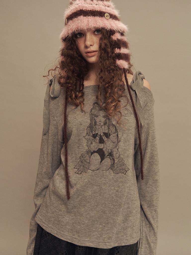 SETSETSET Water Lily Pattern Ribbon Knit Top Melange Gray