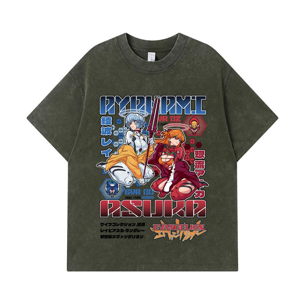 

275 GSM Washed T-shirts 100% Cotton Evangelion V2 Asuka Rei Print Unisex Heavy Cotton T Shirt S армия зеленый