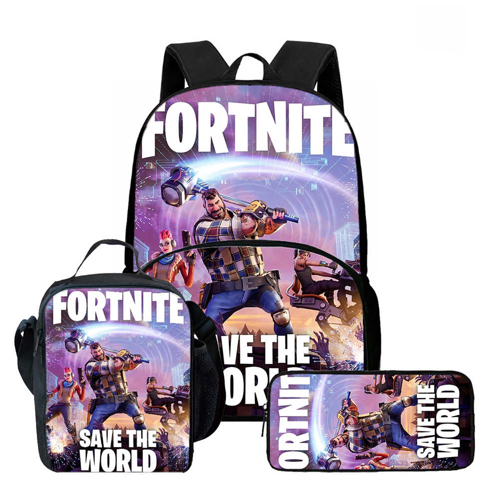 3Pcs Set School Backpack With Front Pocket & Lunch Bag & Pencil Bag,Fortnite Cartoon For Age 6-10,Lightweight For Boys & Girls