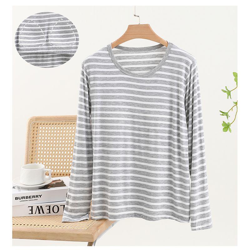 Thin Stripes Chest Pad T-shirt Long Sleeve Modal Bra-Free Undershirt Outwear Loose Easiest for Match Homewear Tops