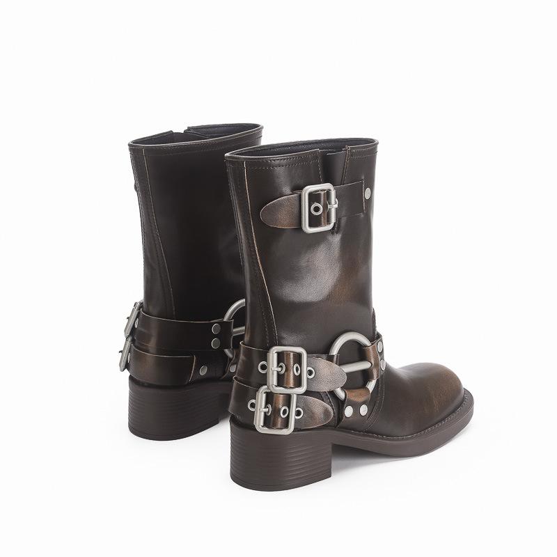 Polierte Retro-Western-Cowboystiefel Ritterstiefel dicker Absatz kurze Zigarettenstiefel eckige Lokomotivstiefel