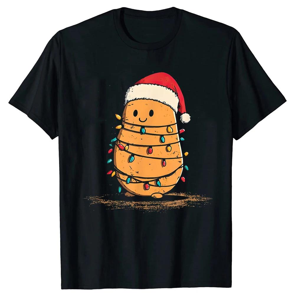 

Funny Potato Christmas Lights Graphic TShirt Cute Spud Santa Hat Tee for Holiday Fans S