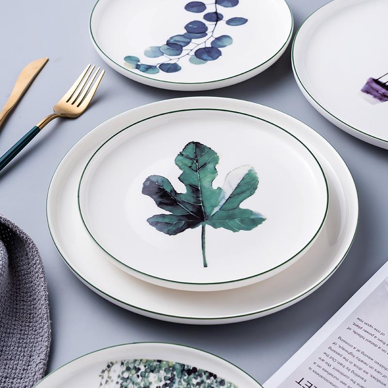 Ceramic Breakfast Plate, Nordic Green Plant Pattern Tableware, Home Kitchen, Fruits, Desserts, Pizza Plate 8-10 Inches