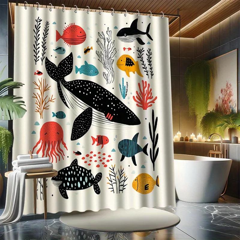 4 Stück, Cartoon Kleiner Fisch Duschvorhang Set, Verschiedene Kleine Fische, mit 12 Haken, Polyester Stoff, mit Badezimmer Anti-Rutsch