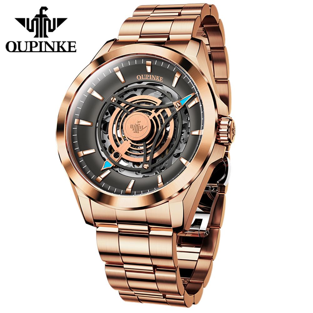 

OUPINKE Мужские часы с полым механизмом, водонепроницаемые, полностью автоматические, высококачественные часы