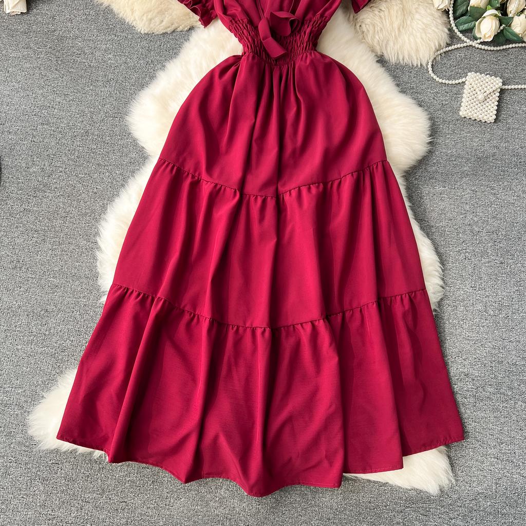 Vintage Elegante Slash Neck Kurzarm Kleid A-linie Mode Chiffon Frühling Herbst Frauen Kleider