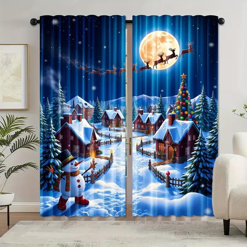 2pcs Christmas Snowman Santa Sleigh Printed Curtains, Designed for Light Filtering, Quality Material, Perfect for Christmas Holi