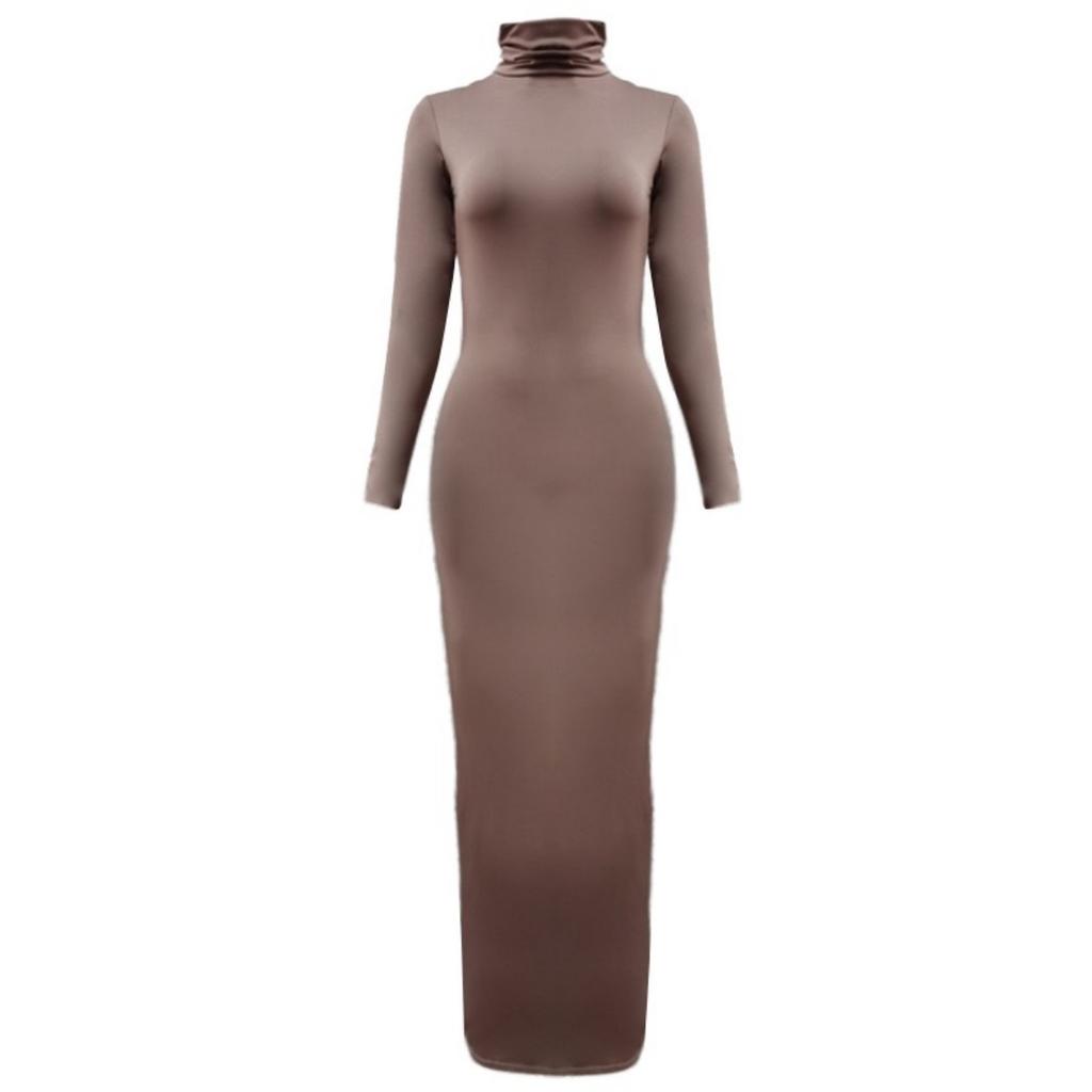 Nové podzimní a zimní dlouhé šaty longuette s dlouhým rukávem, elastické, zeštíhlující, s vysokým límcem, slim