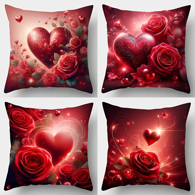 4-Pack Valentine'S Day Pillow Covers, Contemporary Love Rose and Heart Design, Inch, Red Floral Polyester Sofa Cushion Cases, Hand Wash, Zipper Closur