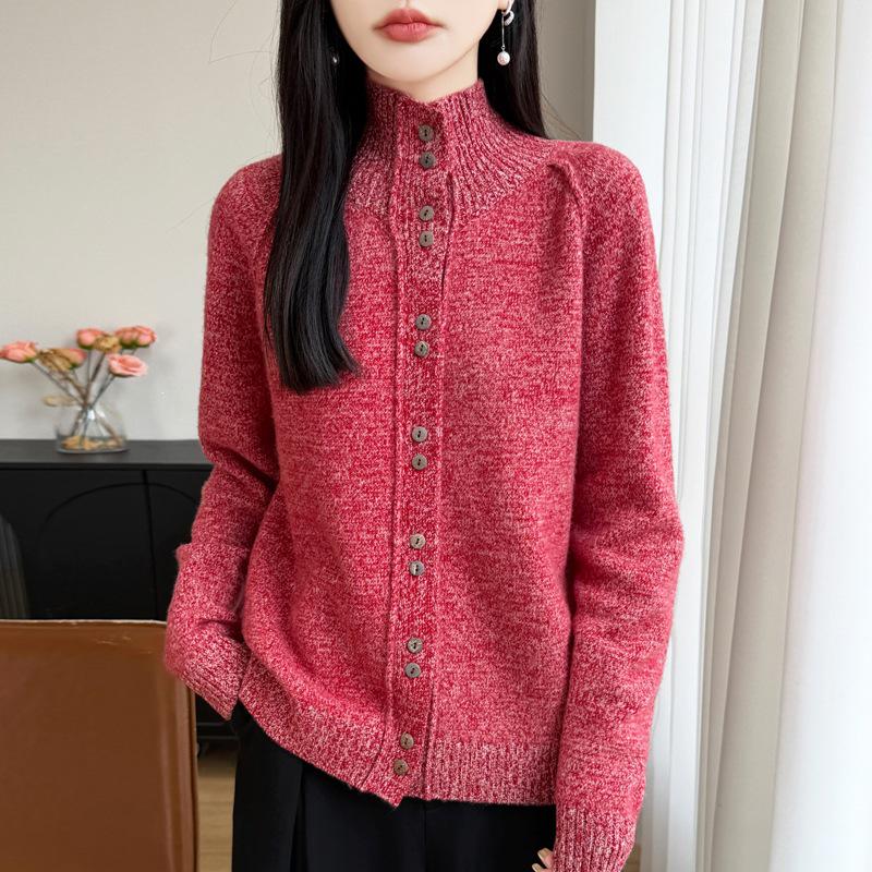 Women's Heathered Wool Stand-Up Collar Cardigan Sweater - Long Sleeve, Double-Strand, Thickened Knit for Autumn & Winter