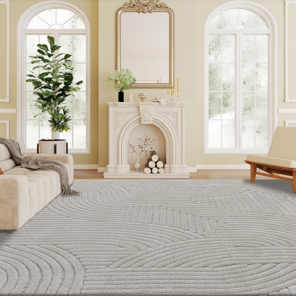 Living Room Rug, Thick Pile Geometric, Non-Slip, 160 x 120 cm, Grey