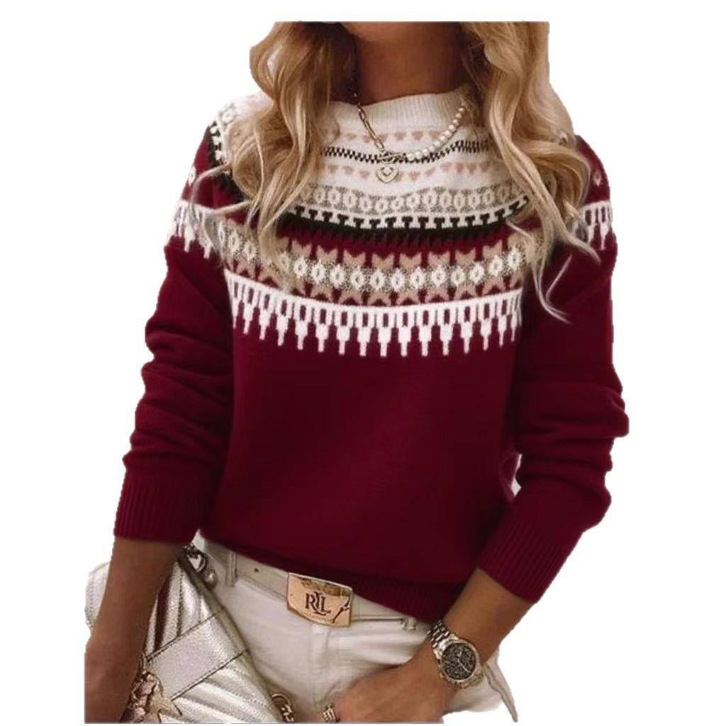 Winter Round Neck Color Blocked Loose Fashion Pullover Knitted Sweater Top For Women
