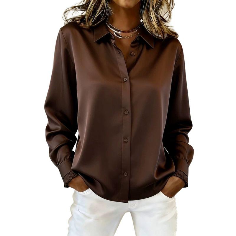 Women's Solid-Color Satin Long-Sleeve Button-Down Shirt