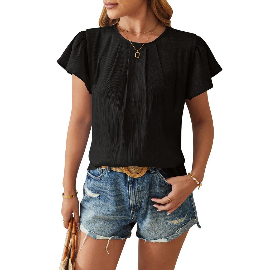 Spring Summer Women's European American Fashion Crew Neck Loose Blouse Shiny Fabric Petal Sleeve Casual Top
