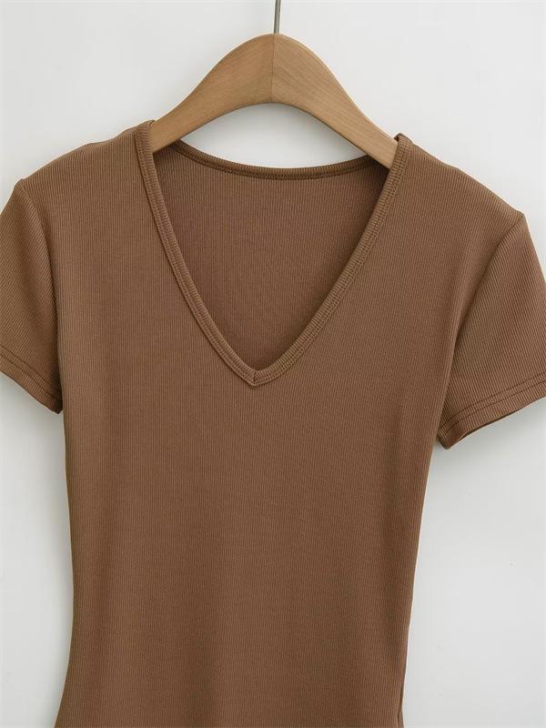 Damen Slim Stretch V-Ausschnitt Jumpsuit T-Shirt - Sexy Kurzarm Basisschicht Oberteil