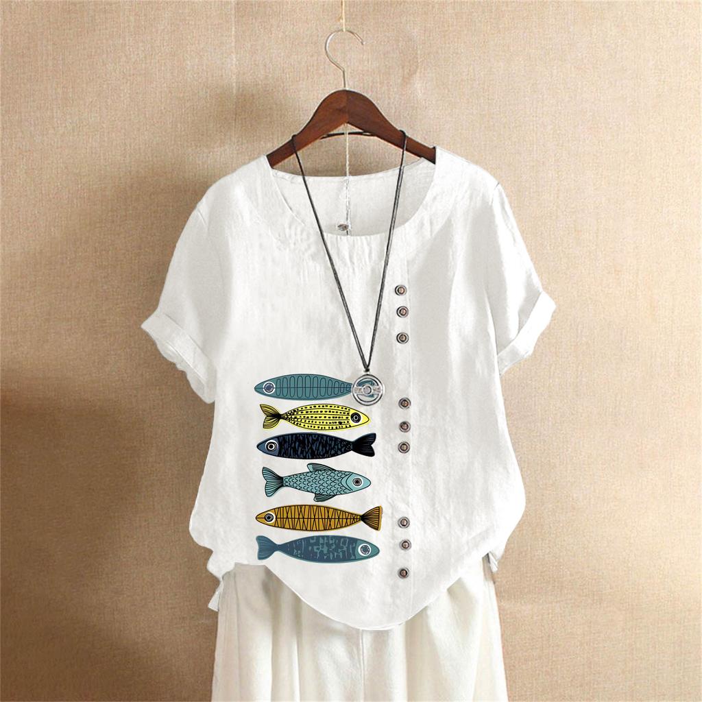 Sommer Übergröße Baumwolle und Leinen Kurzarm T-Shirt, Baumwolle und Leinen Bedruckte Übergröße Damenbekleidung