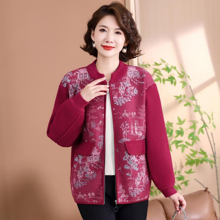 Middle-aged and Elderly Women's Clothing Printed Large-size Jacket Middle-aged Mother Autumn and Winter Knitted Jacket