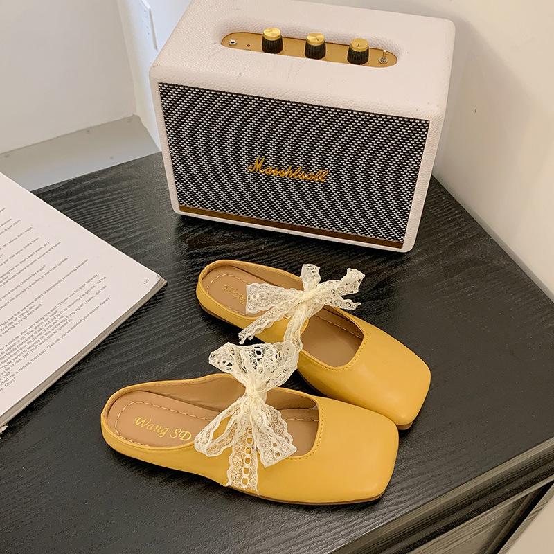 Lace strap bow bag head slippers women's outer wear spring and summer new square head flat soft bottom Mary Jane half drag