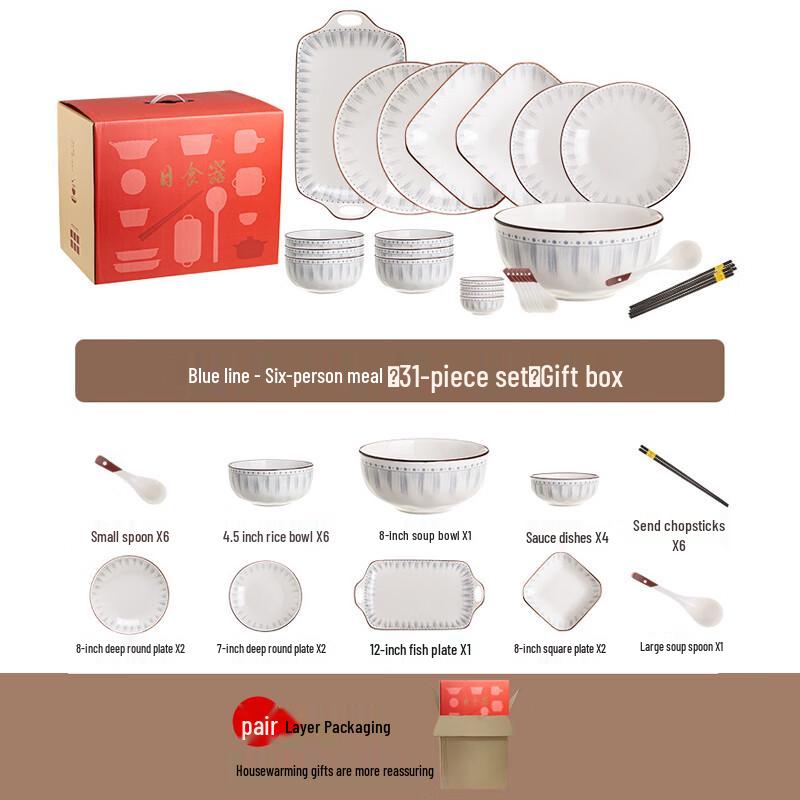 Japanese Style Blue Stripe Ceramic Dinnerware Set 6 Person, 31 Piece Set