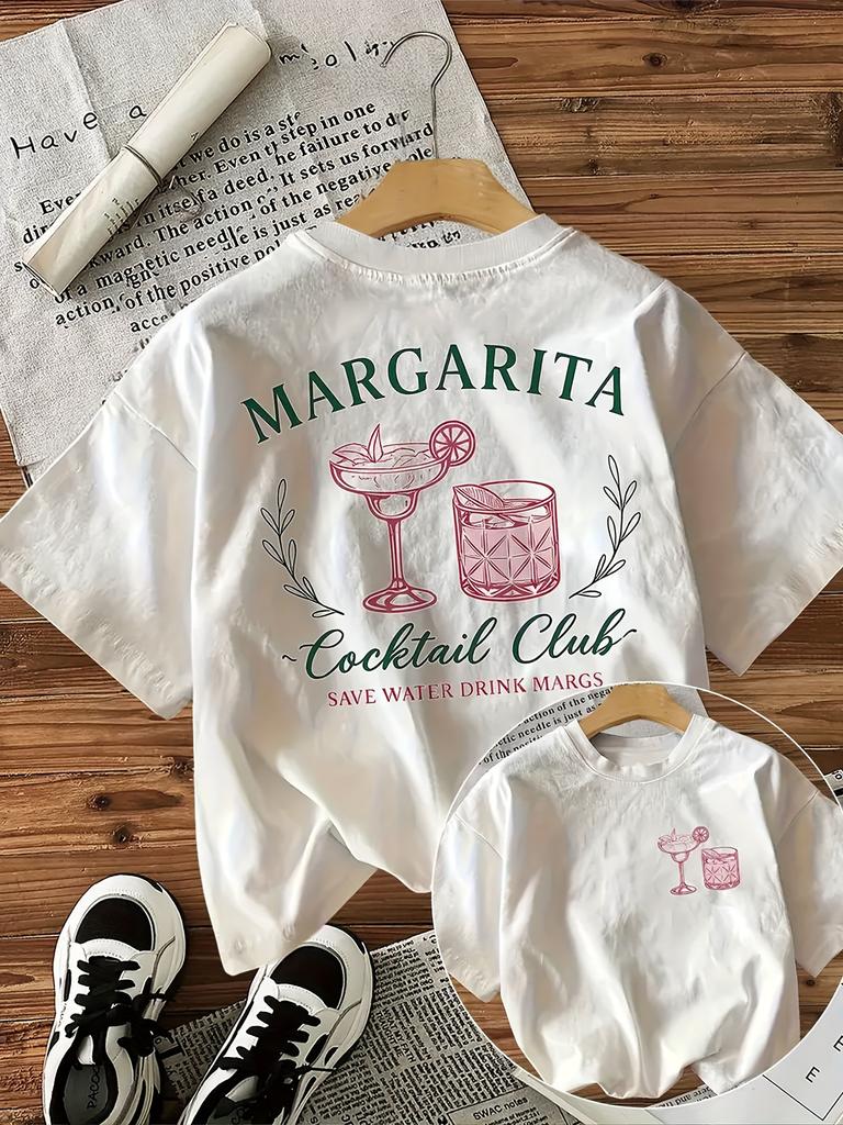 Margarita Cocktail Club water-saving beverage pattern, summer children's casual Polyester white short sleeved top