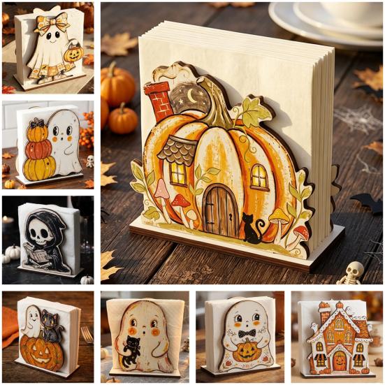 Teak Wood Napkin Stand Halloween Wooden Holder for Table Decor, Decorative Organizer Dispenser, Rustic Tabletop Cartoon Freestanding Paper Towel