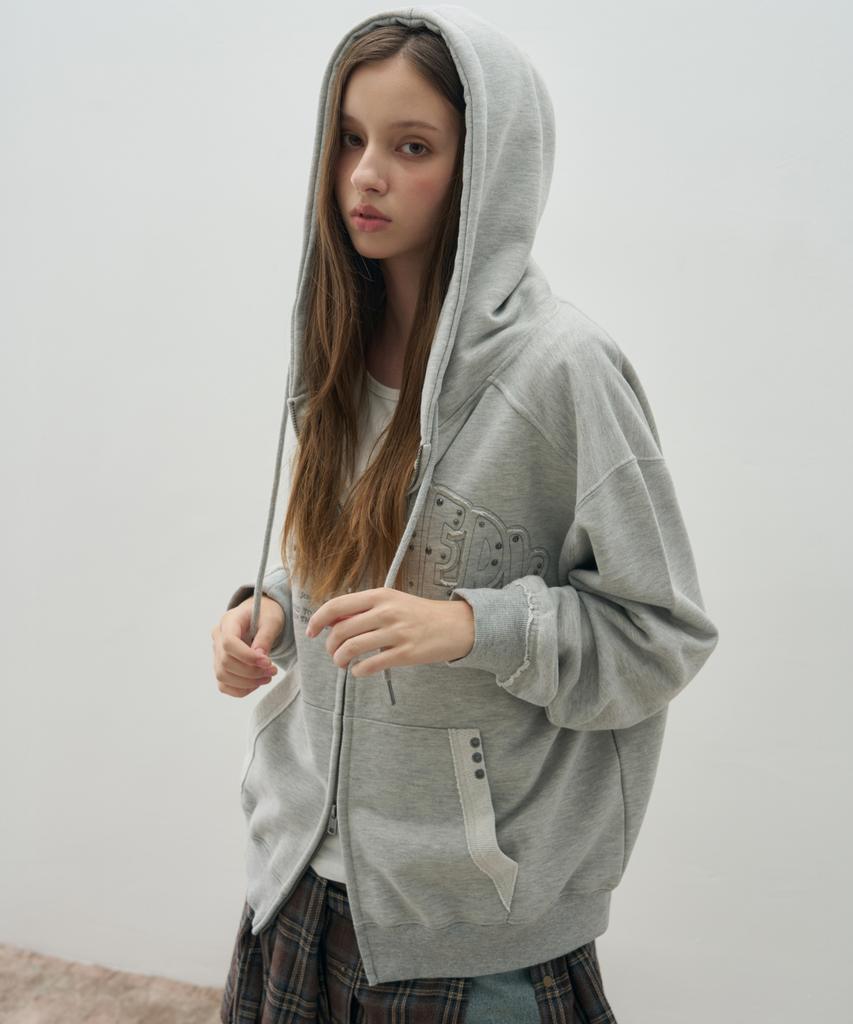 Leathery Double Line Stud Applique Hoodie [Melange]