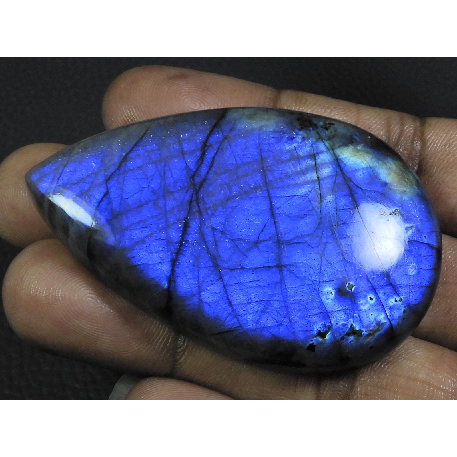 

215Cts.Natural Labradorite Blue Fire Pear Cabochon Loose Gemstone 40X63X10MM B-28
